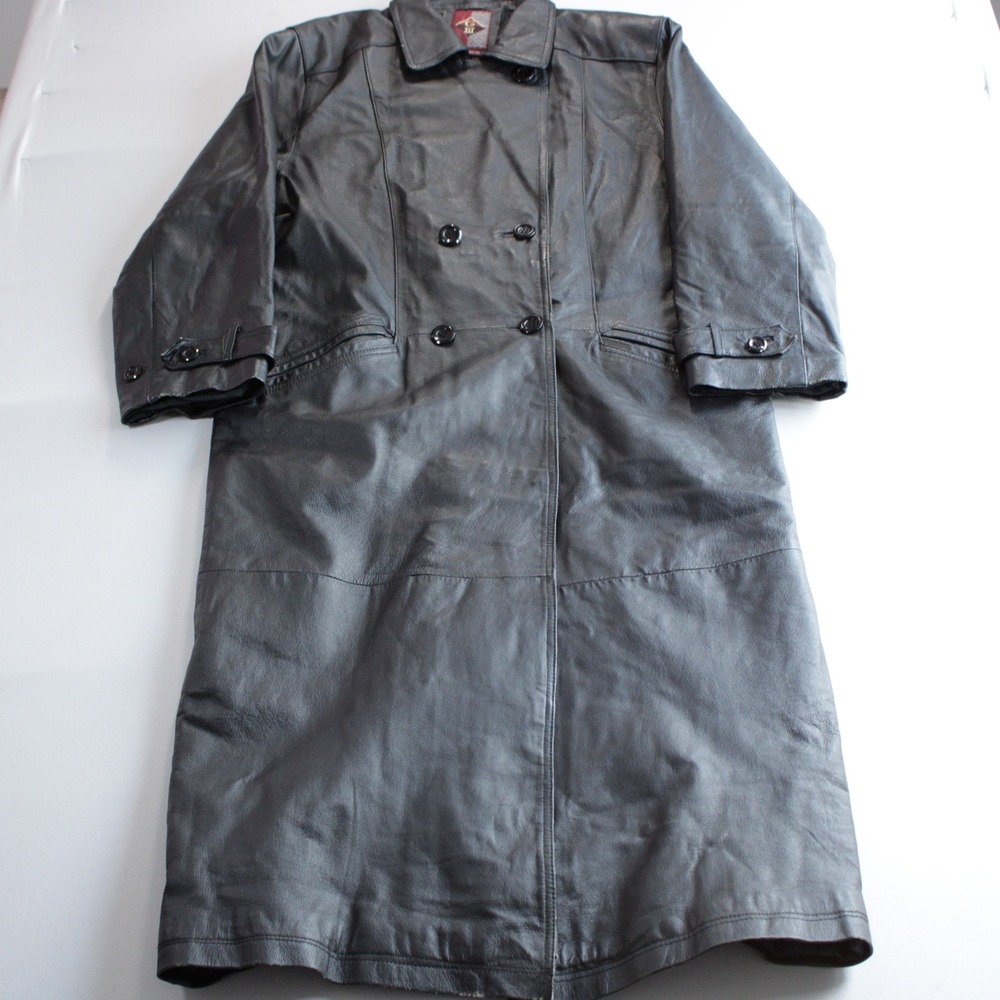 G-III Mens Black Leather Trench Coat Double Breasted Long Jacket Size M